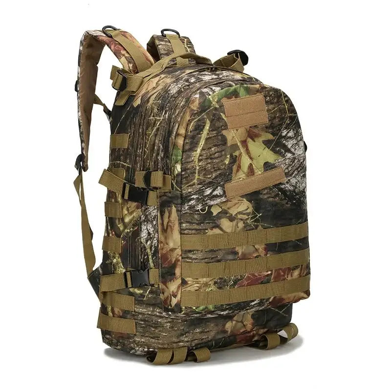 Camouflage military-style backpack with multiple straps and compartments.