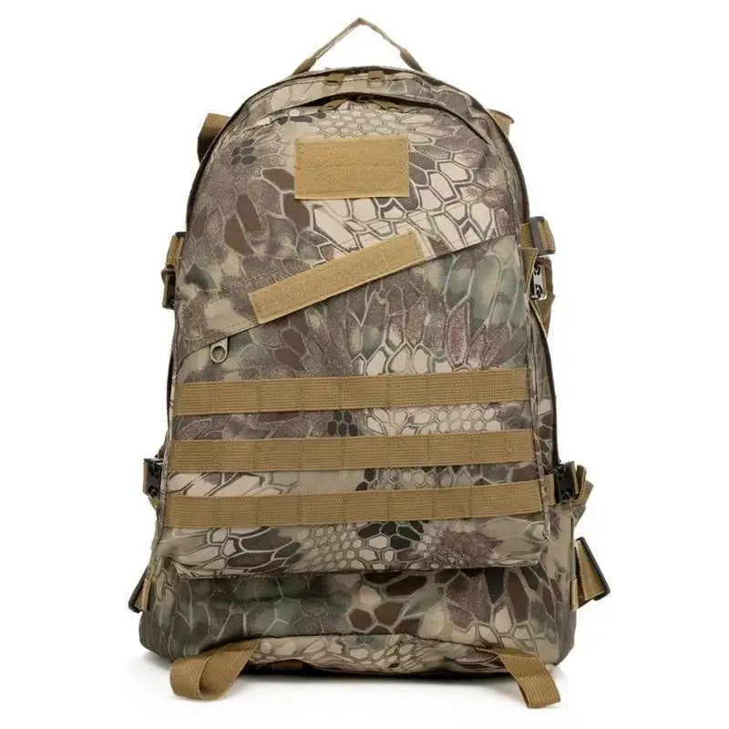 Camouflage-patterned tactical backpack with multiple straps and compartments.