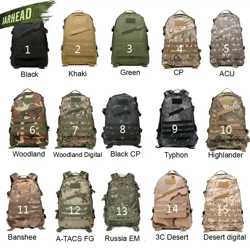 Collection of military-style backpacks in various camouflage patterns and colors.