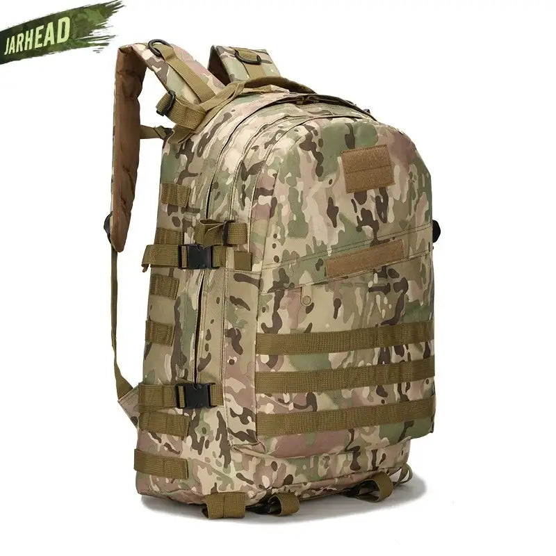 Military-style tactical backpack with camouflage pattern and MOLLE webbing.