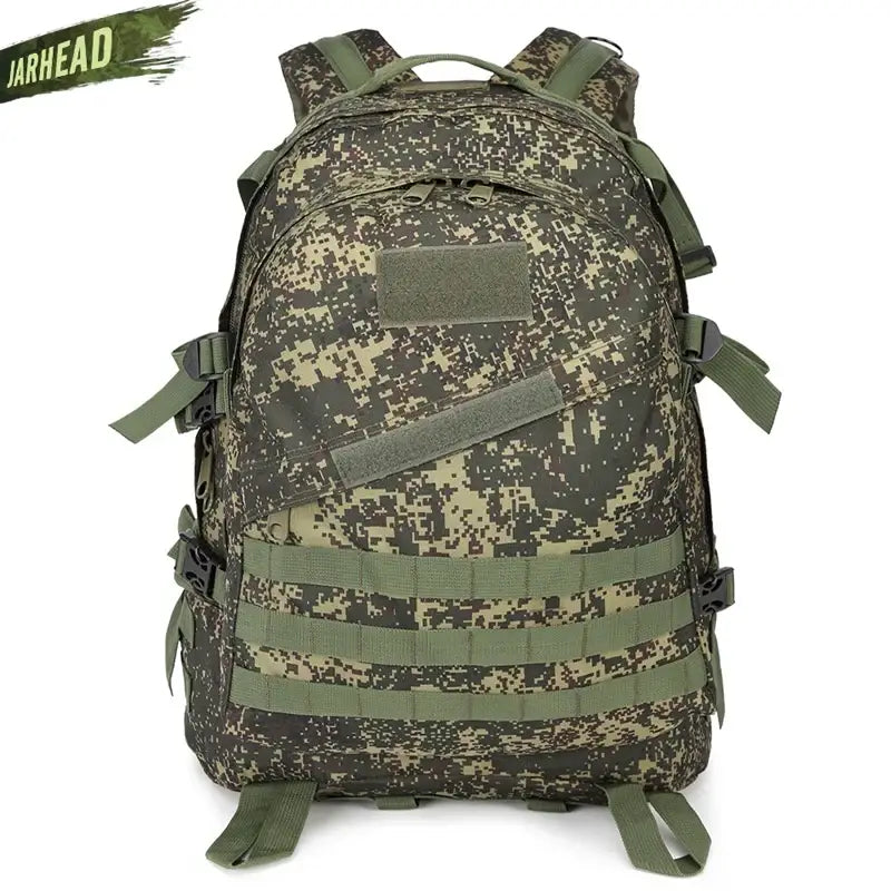 Military-style backpack with camouflage pattern and tactical straps.