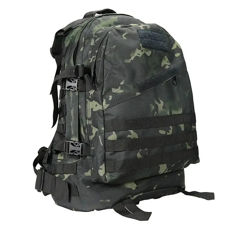 Military-style backpack with camouflage pattern.