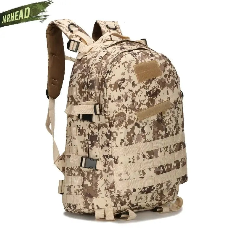 Military-style backpack with desert digital camouflage pattern.