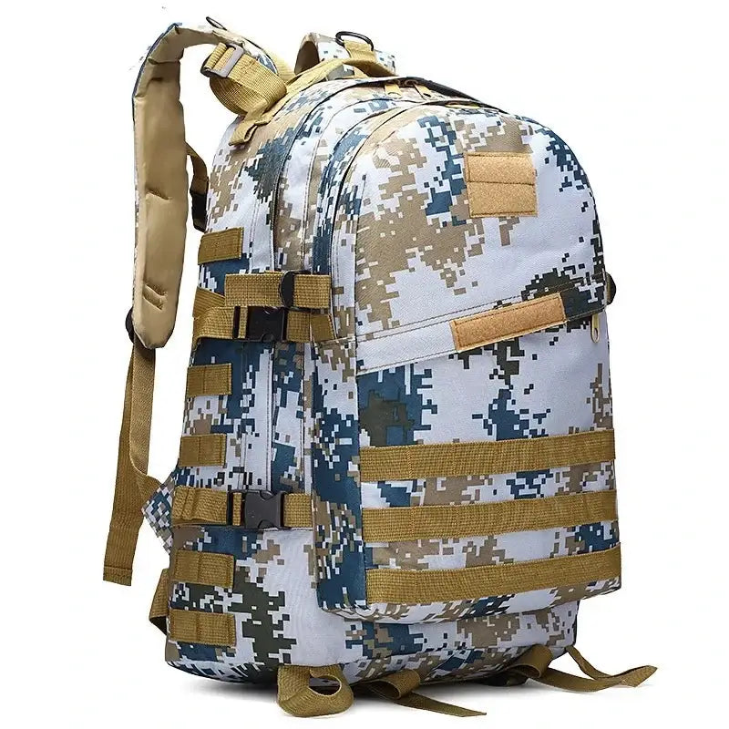 Military-style backpack with digital camouflage pattern and tan straps.