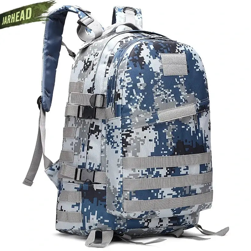 Military-style backpack with digital camouflage pattern.