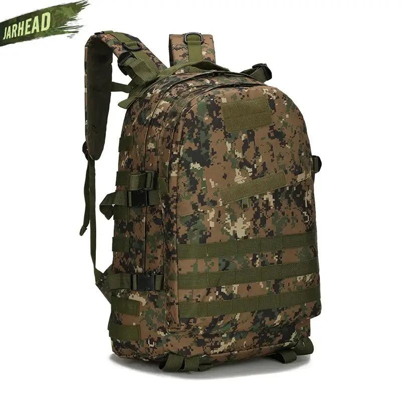 Military-style backpack with digital camouflage pattern and MOLLE webbing.