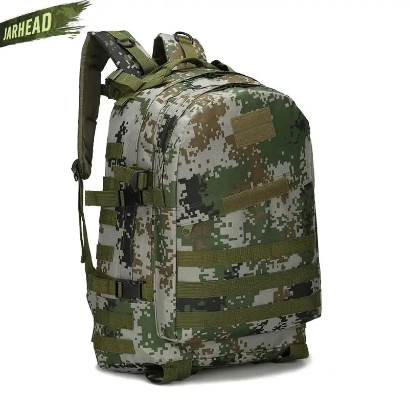 Military-style backpack with digital camouflage pattern.