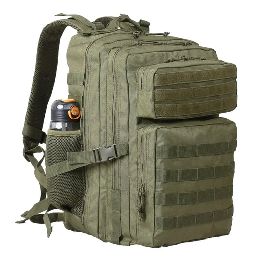 Military-style tactical backpack in olive green with multiple compartments and MOLLE webbing.