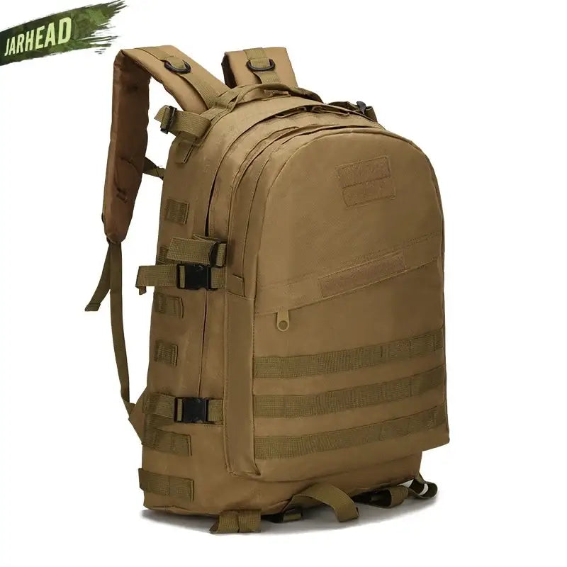 Tan military-style tactical backpack with multiple compartments and straps.