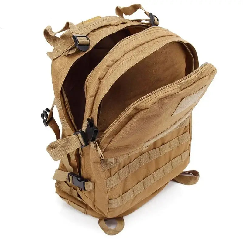 Tan tactical backpack with multiple compartments and MOLLE webbing.