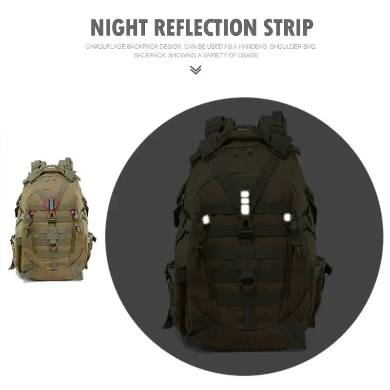 Military-style backpack with reflective strips for nighttime visibility.