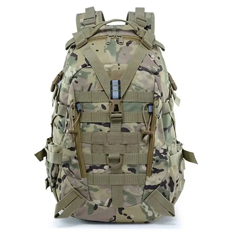 Military-style tactical backpack in camouflage pattern.