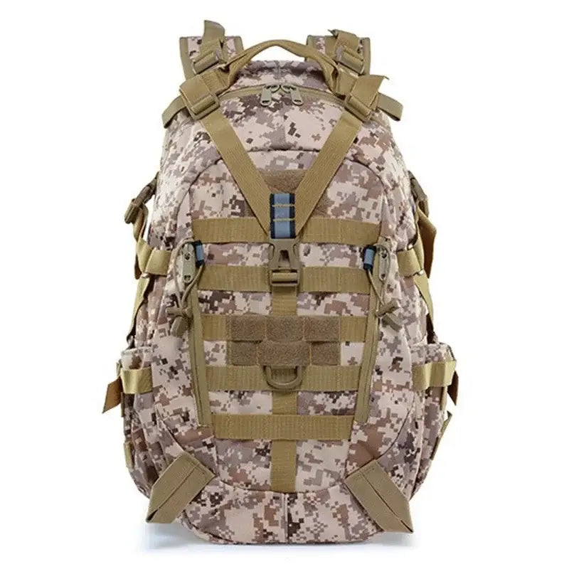 Military-style tactical backpack with desert camouflage pattern and multiple attachment points.