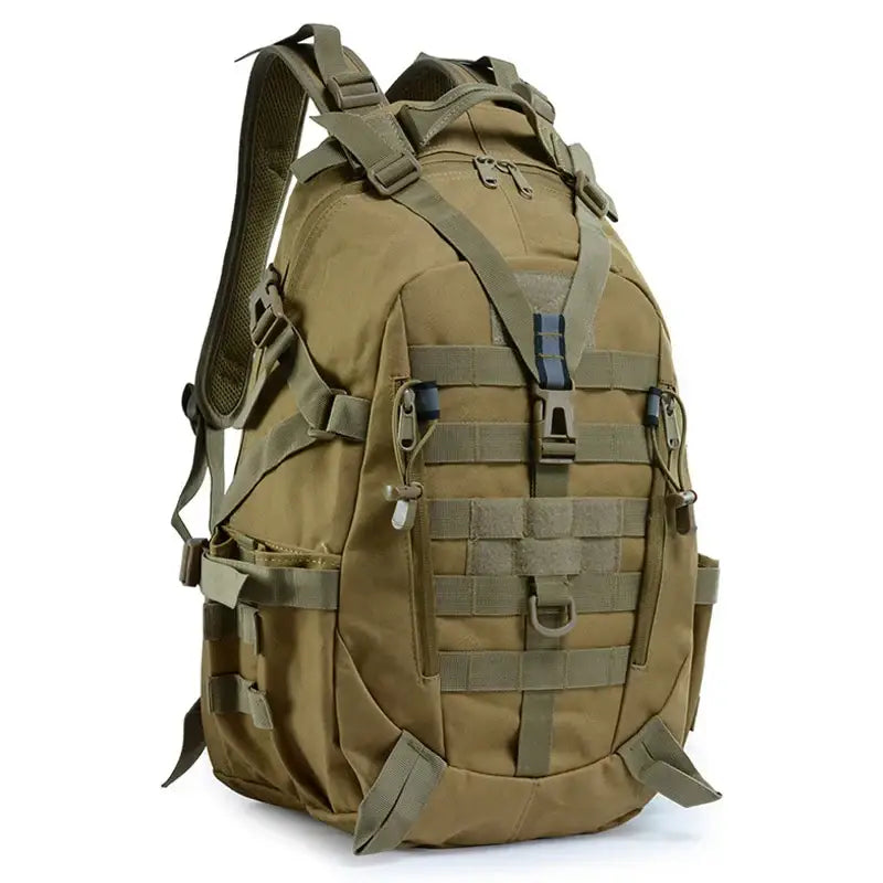 Military-style tactical backpack in olive green with multiple compartments and MOLLE webbing.