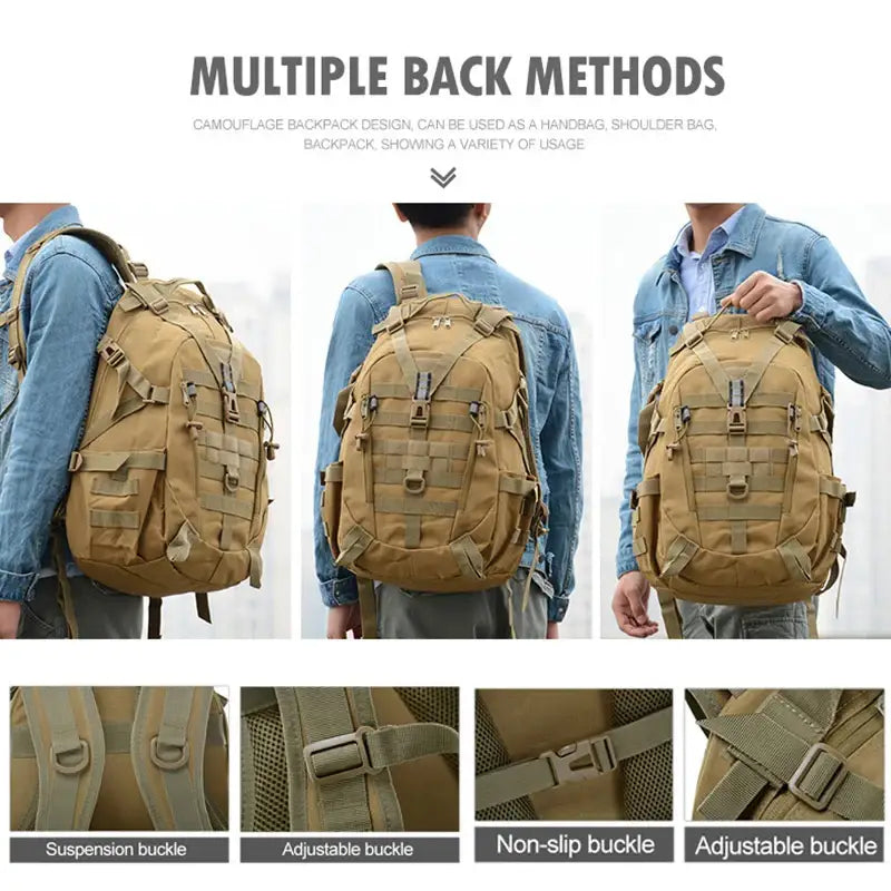 Tactical backpack with multiple carrying methods and adjustable features.