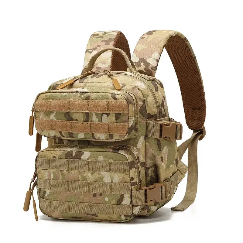 Camouflage-patterned tactical backpack with multiple compartments and straps.