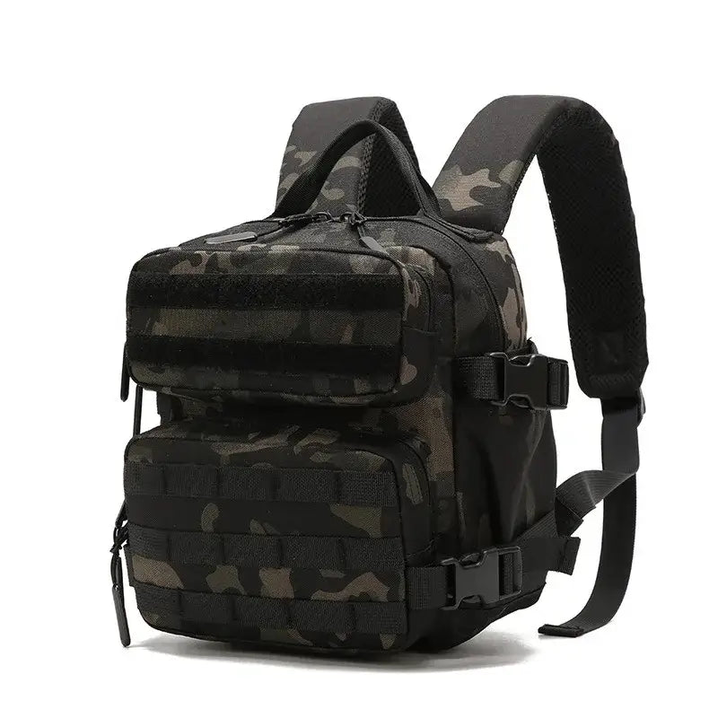 Camouflage-patterned tactical backpack with multiple compartments and straps.