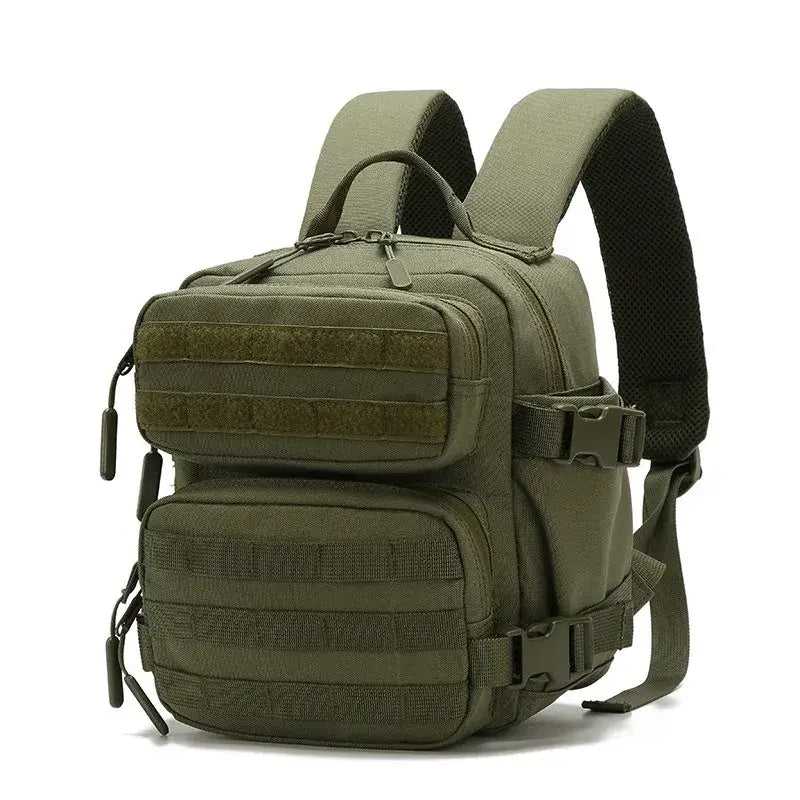 Military-style tactical backpack in olive green color with MOLLE webbing.