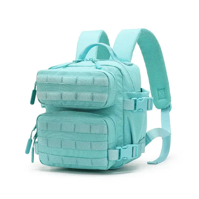 Mint green tactical backpack with multiple compartments and MOLLE webbing.