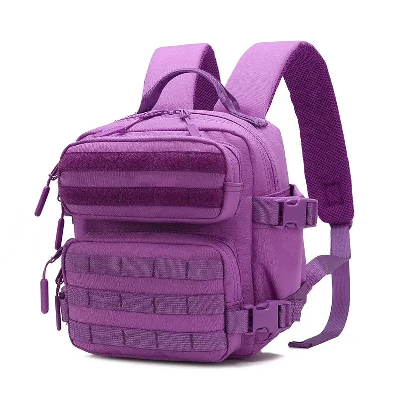 Purple tactical-style backpack with multiple compartments and MOLLE webbing.