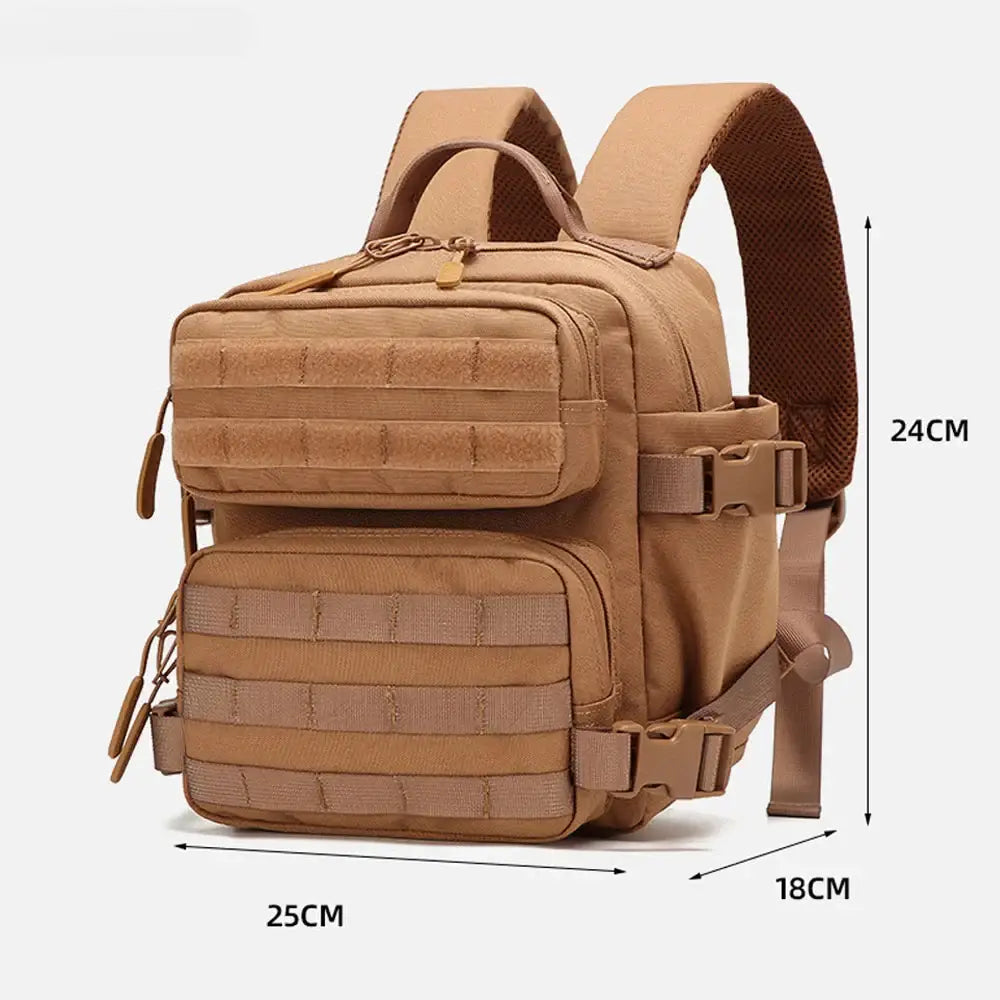 Tan tactical backpack with multiple compartments and MOLLE webbing.