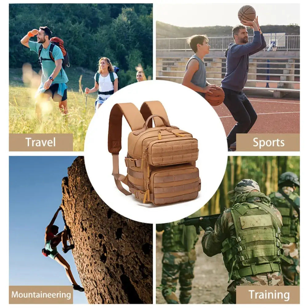 Tan tactical backpack with multiple compartments and straps.