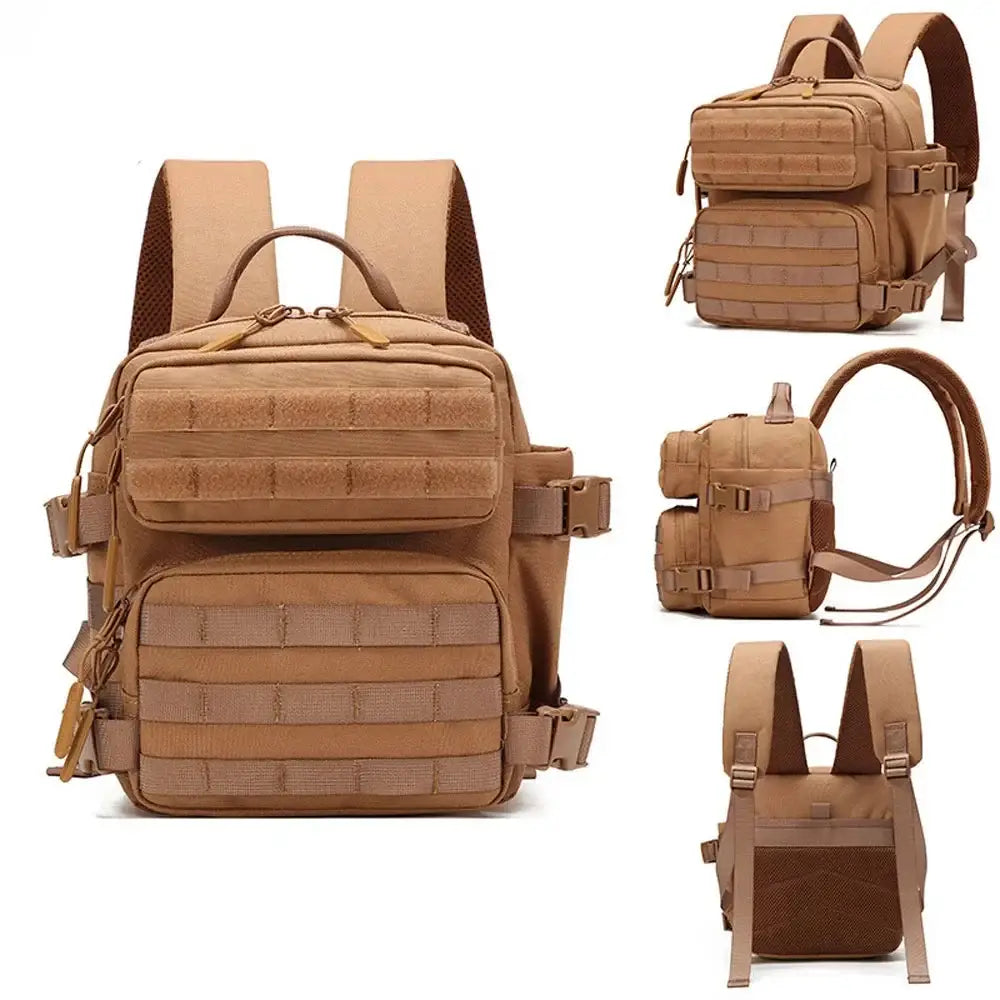 Tan tactical backpack with multiple compartments and MOLLE webbing.