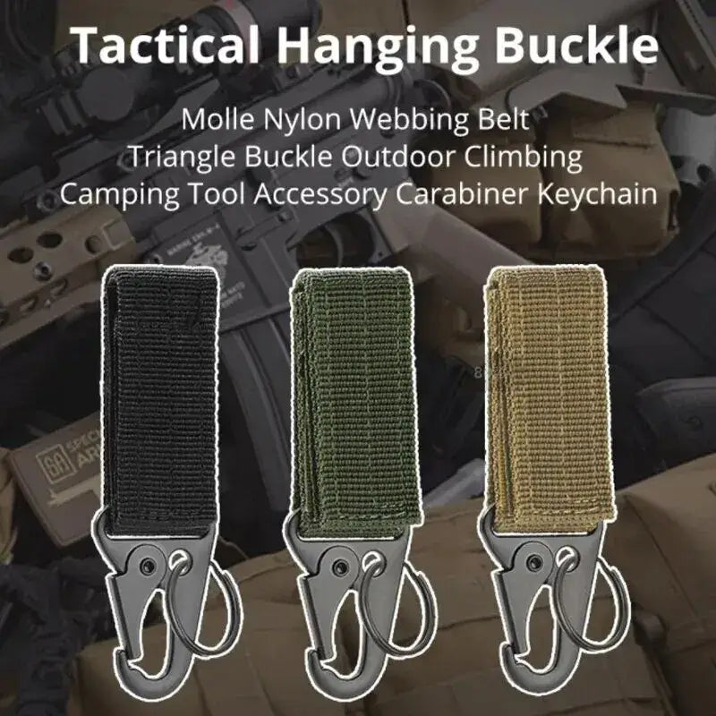 Tactical hanging buckle with nylon webbing and carabiner hook in three colors: black, green, and tan.