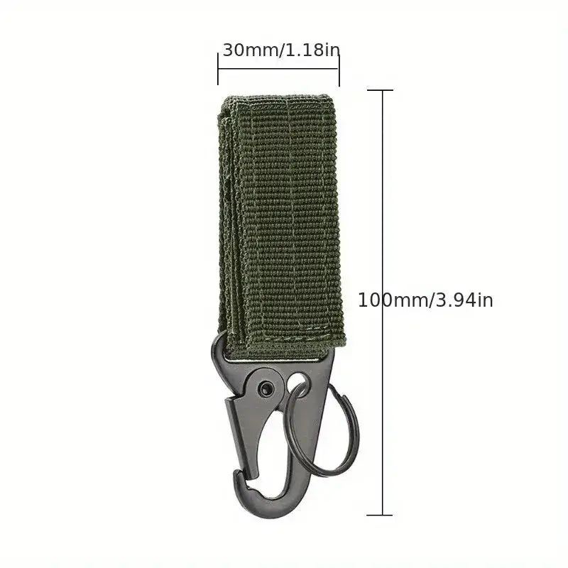 Olive green nylon webbing strap with a metal carabiner clip attached.