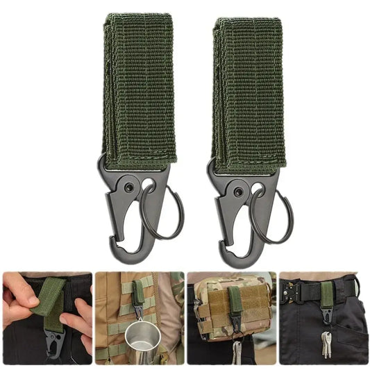 Pair of green nylon straps with metal carabiner-style clips attached.