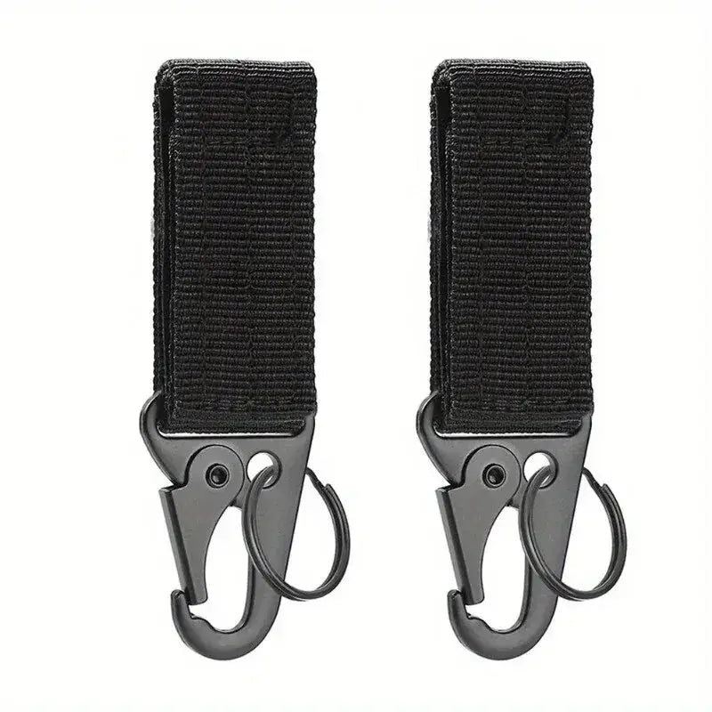 Two black nylon straps with metal carabiner-style hooks attached.