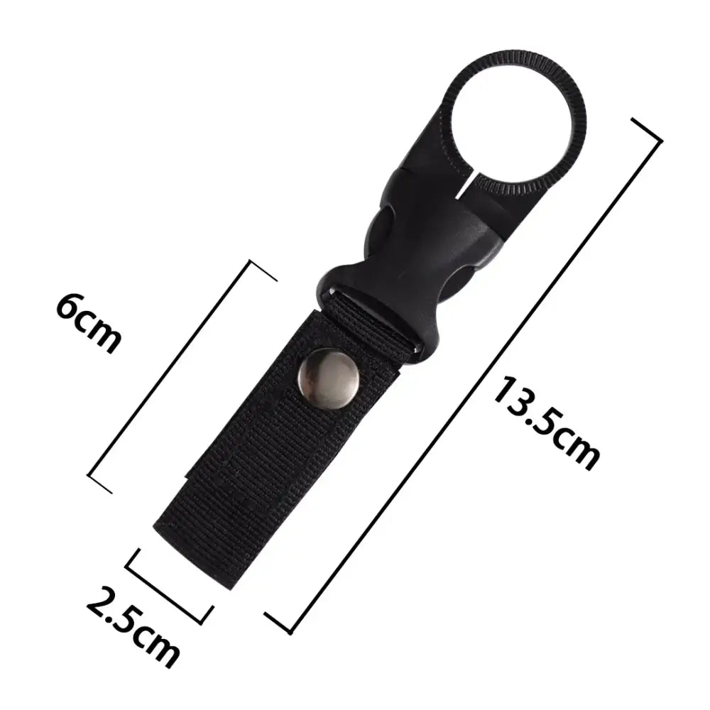 Black nylon strap with a circular carabiner attachment and dimensions labeled.