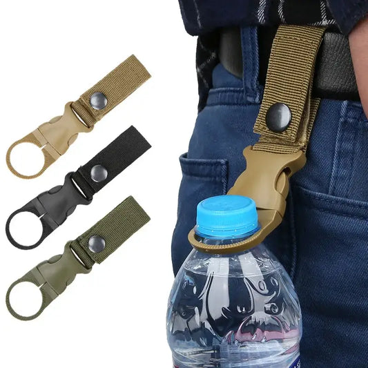 Carabiner-style clip for attaching water bottles to belts or bags.