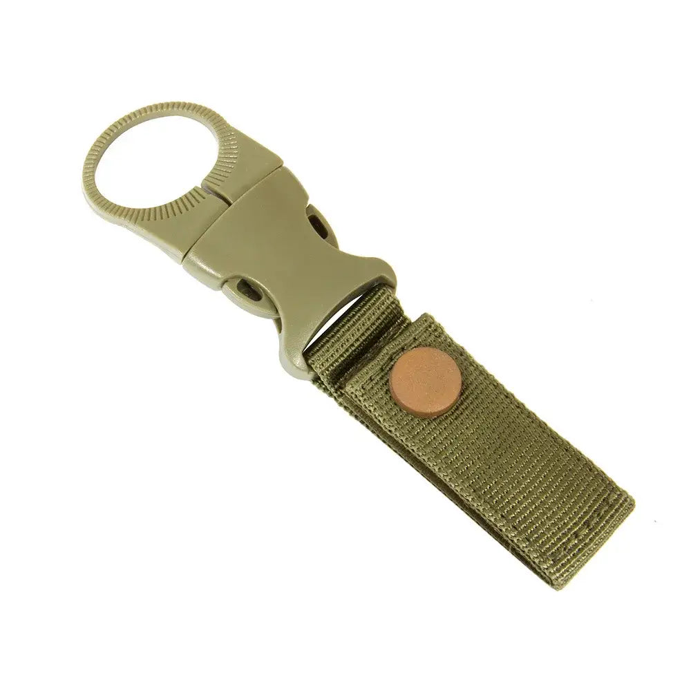 Olive green tactical key fob or carabiner clip with a fabric strap.