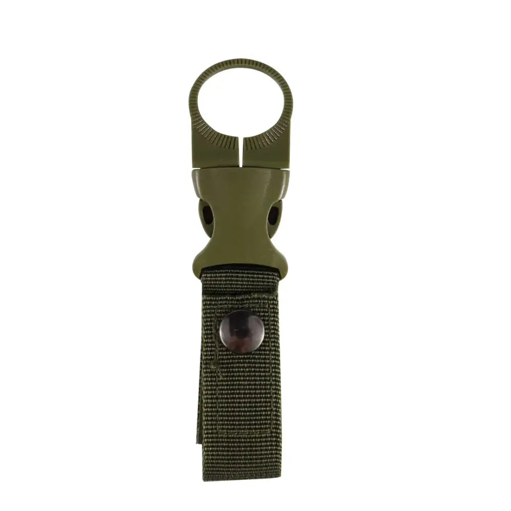 Olive green tactical key ring or carabiner clip with a nylon strap attachment.