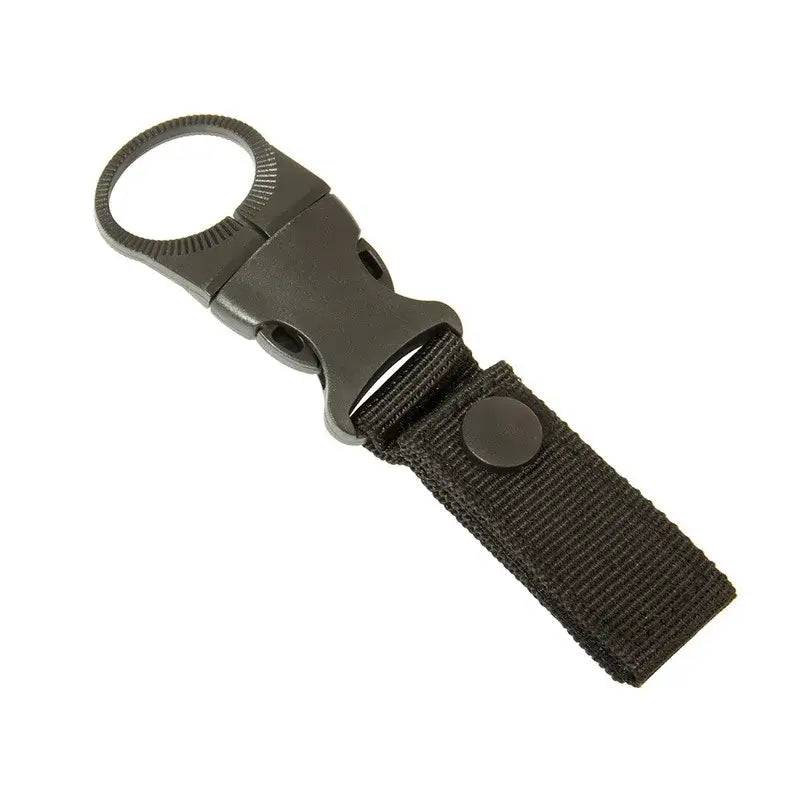 Tactical key ring attachment with a quick-release buckle and nylon webbing strap.