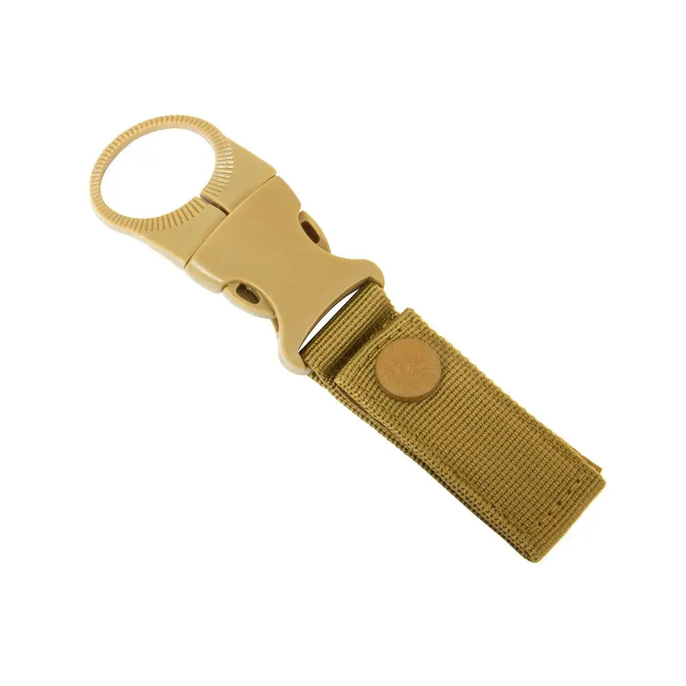 Tan nylon webbing strap with a plastic buckle and metal ring attachment.