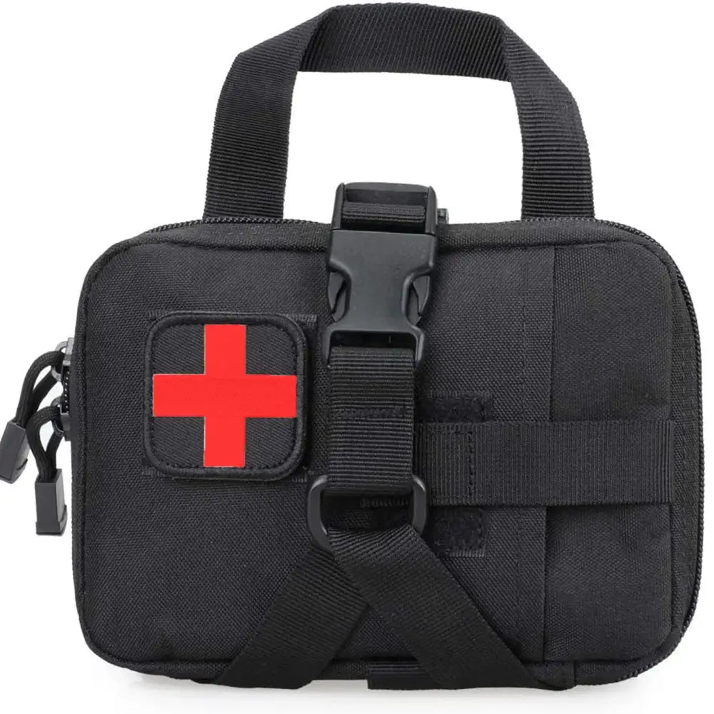 Black tactical first aid kit pouch with a red cross symbol.