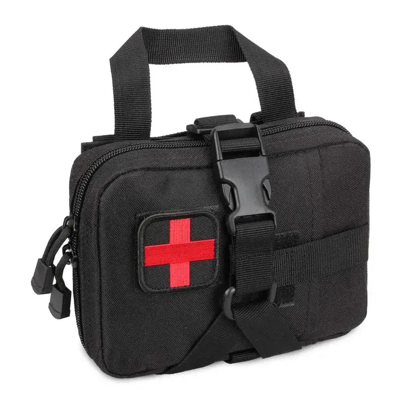 Black tactical first aid kit bag with a red cross emblem.