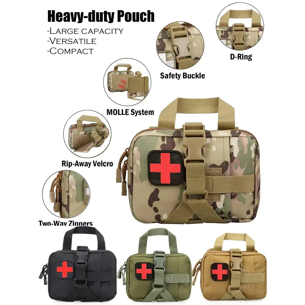 Heavy-duty tactical medical pouch with multiple attachment options and color variants.