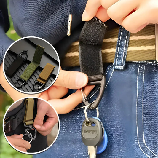 Belt loop key holder attachment that clips onto a pants waistband.