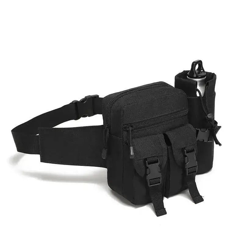 Black tactical fanny pack with multiple compartments and a water bottle holder.