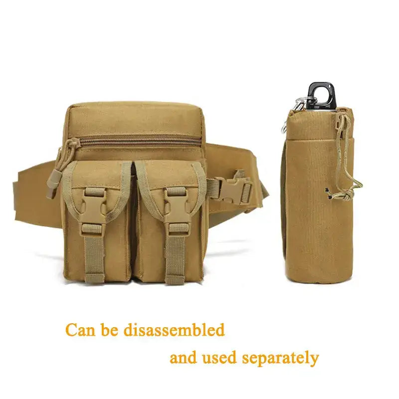 Tactical waist pack with detachable water bottle holder in tan color.