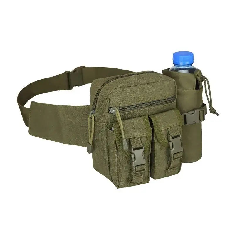 Military-style olive green fanny pack with multiple pockets and a water bottle holder.