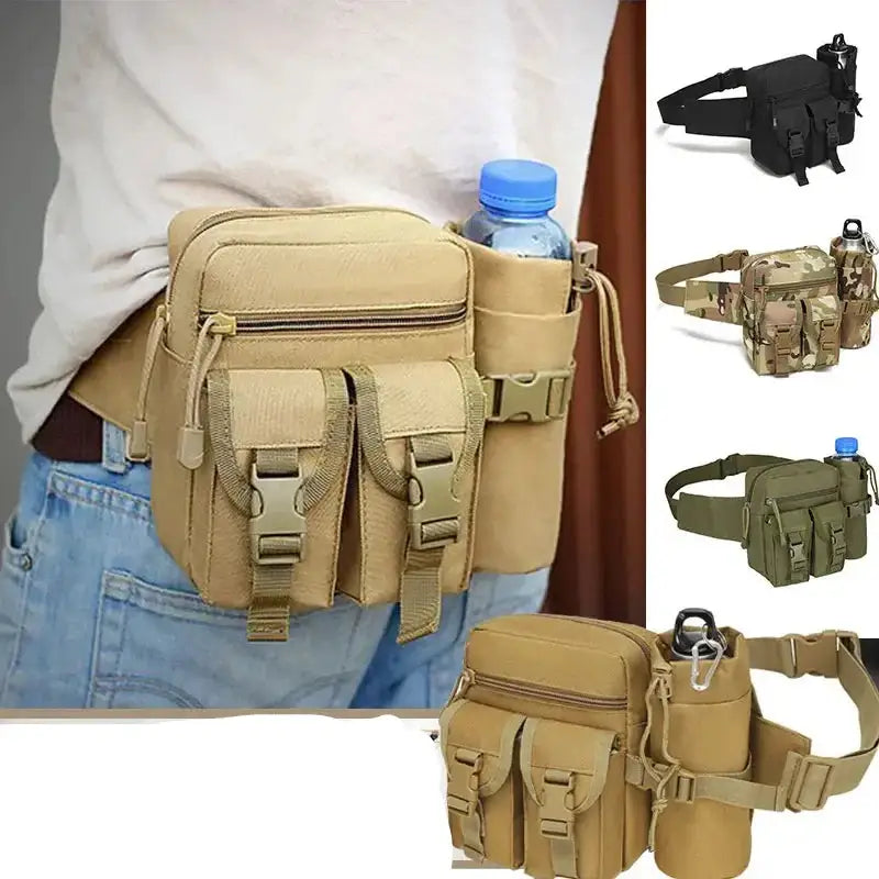 Tactical waist pack with multiple pockets and water bottle holder.