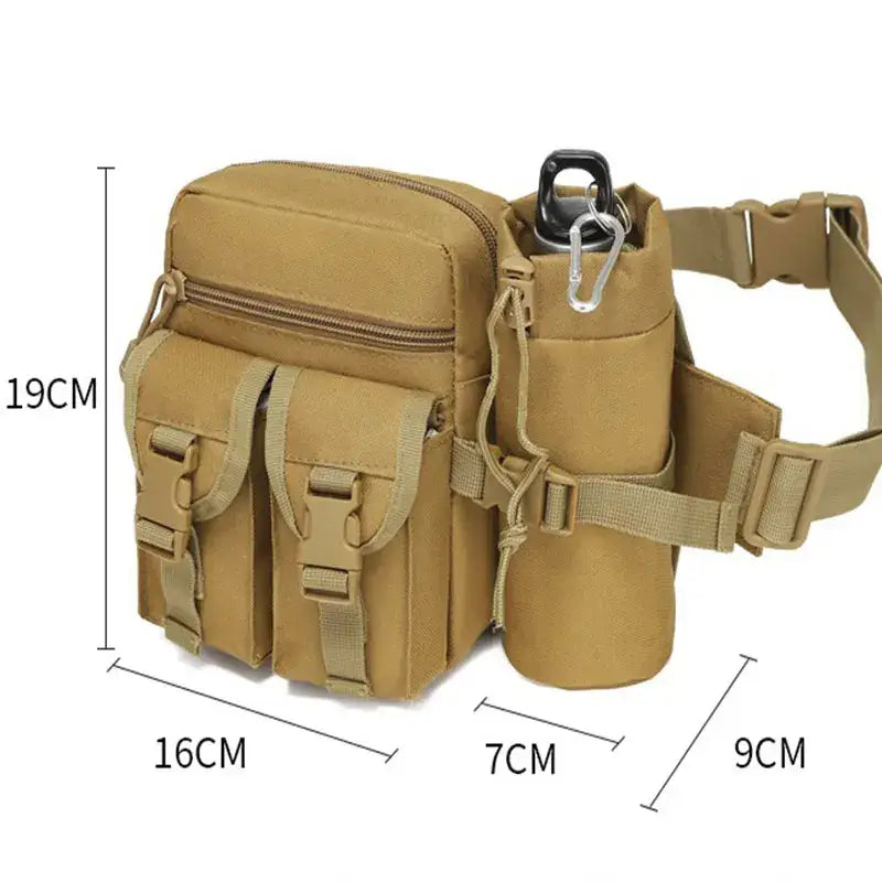 Tactical waist pack with multiple pockets and a water bottle holder.