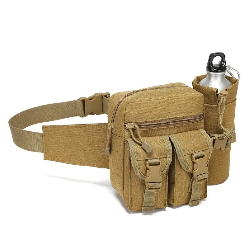 Tan tactical waist pack with multiple pouches and a water bottle holder.