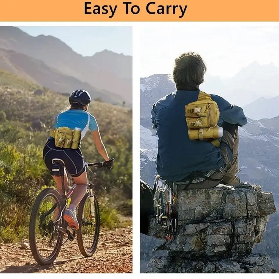 Yellow backpack worn by cyclists and hikers in outdoor settings.