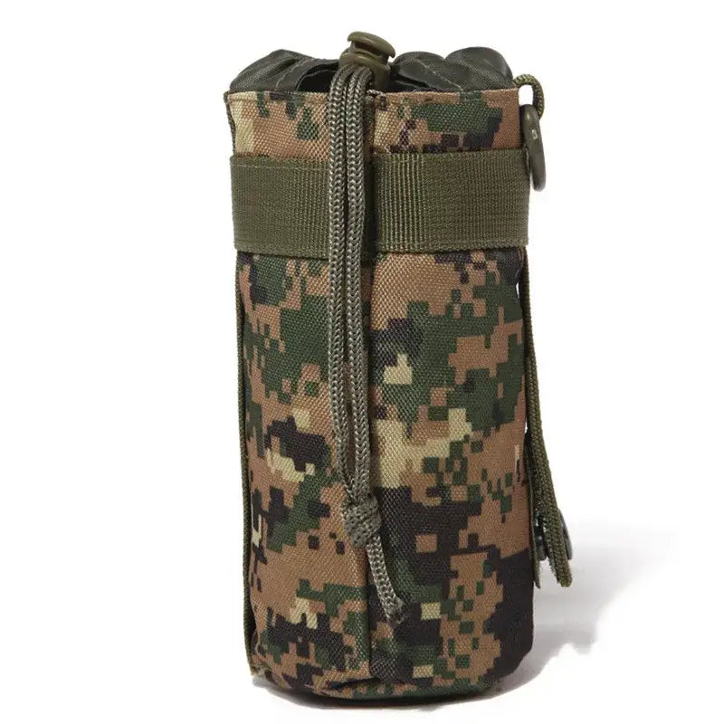 Camouflage-patterned tactical water bottle pouch with zipper closure and MOLLE webbing.