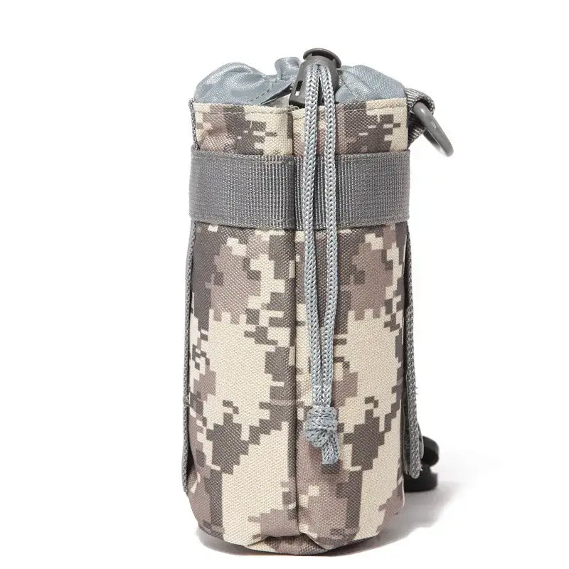 Camouflage-patterned cylindrical water bottle holder with zipper closure and adjustable strap.